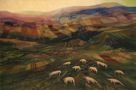 Ten Pigs on a Quilt, 2009 (ink & oil on canvas)