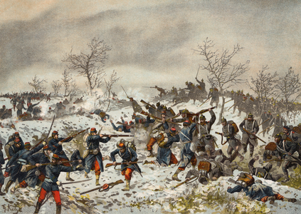 Battle before Le Mans-Champagne, Franco-Prussian War, 11 January 1871 (chromolitho)