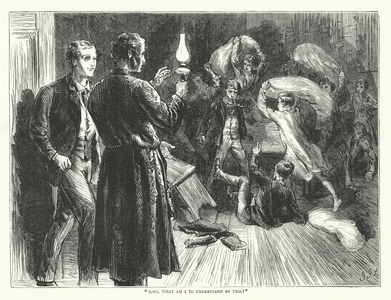 Boys having a pillow fight (engraving)