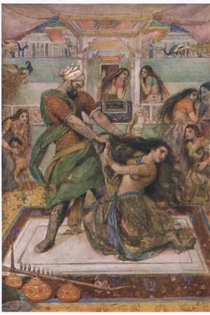 Draupadi dragged from her chamber, 1912 (colour litho)