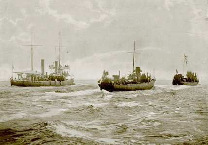 A Torpedo-Gunboat and Torpedo-Boats at Sea (b/w photo)