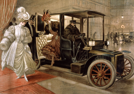 Elegant women coming out of the automobile, 1905 (illustration)
