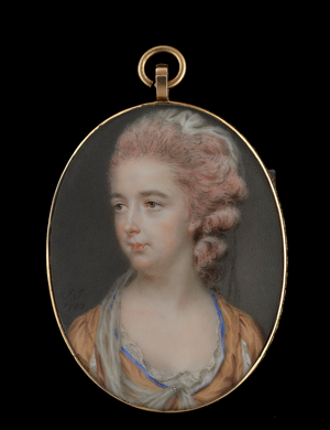 Portrait miniature of a Lady wearing low-cut blue trimmed gold dress with lace collar (w/c on ivory)