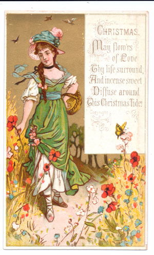 A Victorian Christmas card of a woman in elaborate bonnet picking flowers, c.1880 (colour litho)