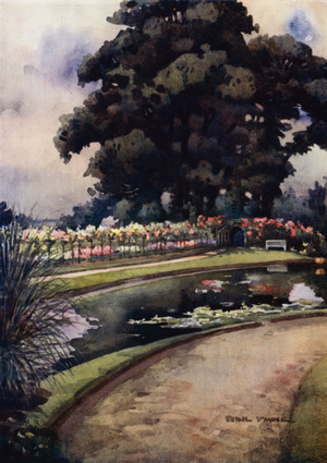 A Country Garden with Ornamental Water (colour litho)