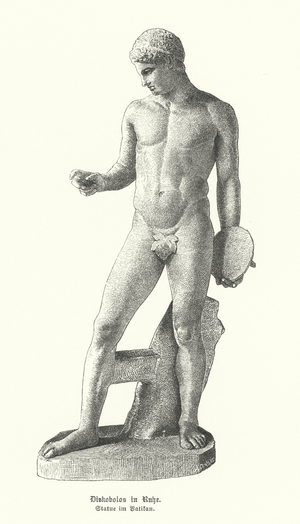 Ancient Greek statue of a discus thrower at rest (engraving)