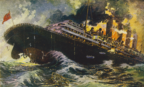 The ill-fated Lusitania, carrying hundreds of Americans, both men and women, sunk off the coast of Ireland by a German submarine (colour litho)