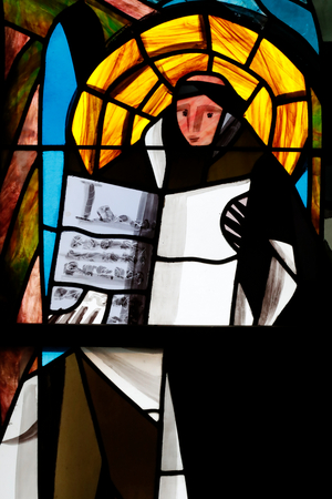 Sainte Therese church.   Stained glass window. Thomas Aquinas ( Thomas d"Aquin ) by  by Jacek Stryjenski.