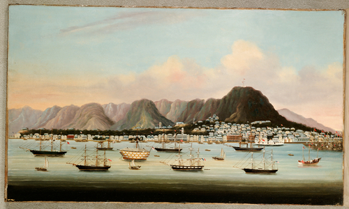 A View of Victoria, Hong Kong, with the Hulk H.M.S Princess Charlotte and American, British and French Shipping, c.1862 (oil on canvas)
