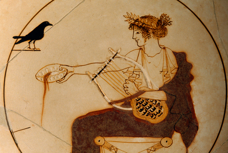 Apollo depicted on a cup pouring a libation as a crow looks on. Delphi Archaeologi..., 1990s (photo)