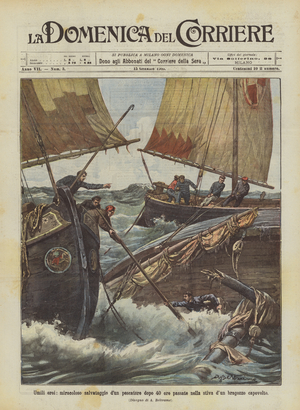 Humble heroes, miraculous rescue of a fisherman after 40 hours spent in the hold of an inverted Bragozzo (Colour Litho)