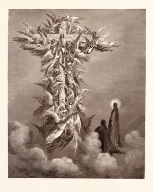 The Vision of the Cross, by Gustave Doré, 1832 - 1883, French. Engraving for the Purgatorio or Purgatory by Dante Alighieri. 1870, Art, Artist, Romanticism, Colour, Color Engraving