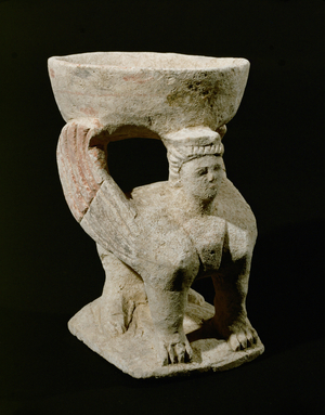 Sphinx carrying an incense burner, limestone …