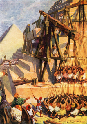 Building a pyramid (colour litho)