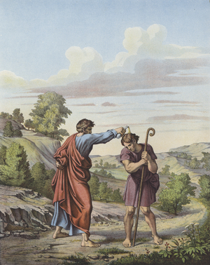 Samuel anointing Saul as King of Israel and Judah (colour litho)