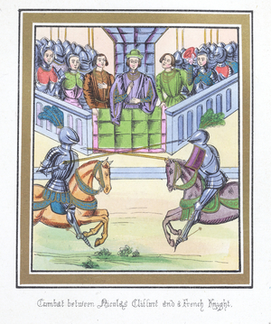 Illustration entitled, 'Combat between Nicolas Cliffort and a French Knight', 1869 (coloured engraving)
