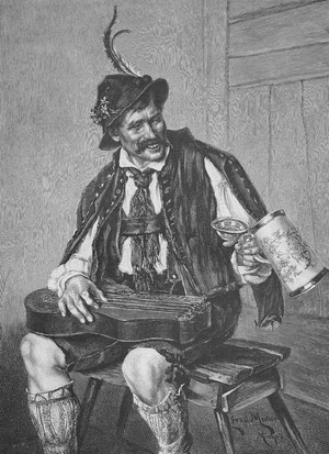 Bavarian musician with zither and beer mug, Bavaria, Germany