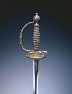 Small Sword, c.1780 (forged steel blade; partially gilt & russet steel hilt; steel wire, leather bands, wood core)
