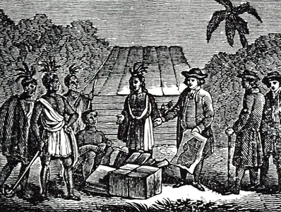 An engraving depicting William Penn meeting the Native Americans. Sir William Penn (1644-1718) an English, real estate entrepreneur, philosopher, early Quaker, and founder of the English North American colony the Province of Pennsylvania, 19th century