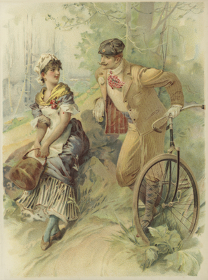 Man on bicycle propositioning maid. (chromolitho)