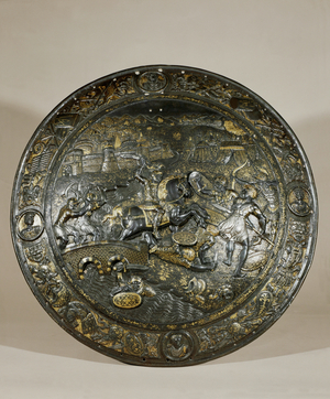 Round shield with battlescene, knight on horseback, walled city under siege … (bluesteel, gold and silver)