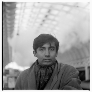 Portrait of poet Dom Moraes (b/w photo)