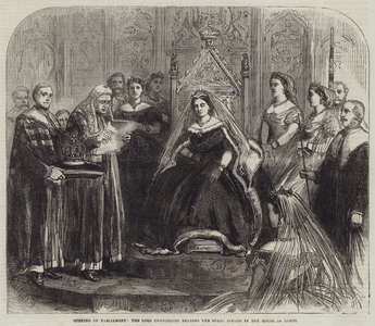 Opening of Parliament, the Lord Chancellor reading the Royal Speech in the House of Lords (engraving)