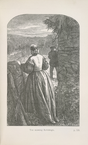 'The missing sovereign'. A woman by a garden wall