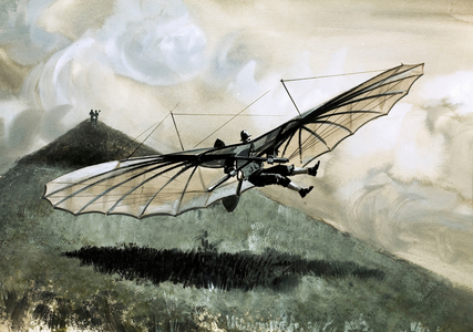Otto Lillenthal made over 1,000 flights in his primative glider (gouache on paper)