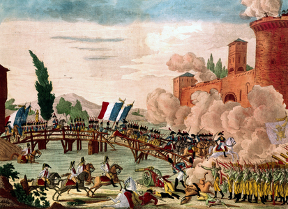 Battle of Lodi 1796 opposing French army leaded by generalBonaparte to austrian troops, engraving