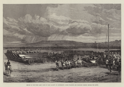 Review of the First Army Corps by Her Majesty at Aldershott, Store Waggons and Pontoons passing before the Queen (engraving)