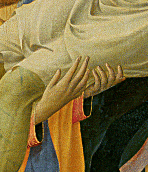Detail of Santa Trinita Altarpiece, frame and pinnacles by Lorenzo Monaco (Piero di Giovanni) (c.1370-1425) completed c.1434 (tempera & gold on panel)