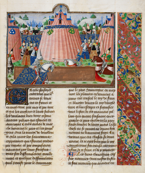 The tournament of St. Inglevert in 1390.
Three of the prominent French Knights were Sir Boucicaut the younger; The Lord Reginald de Roye and the Lord de Saimpi. 
Of of the many English Knights were Sir John Holland; Lord Clifford; Sir Henry Beaumont; and, Sir Peter Courtenay.