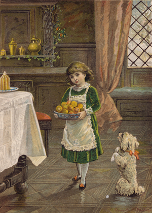 Girl carrying a bowl of fruit (chromolitho)