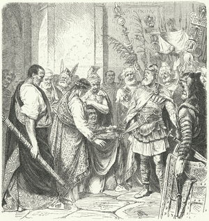 Odoacer forces the Roman Emperor Romulus Augustulus to abdicate, 476 (engraving)