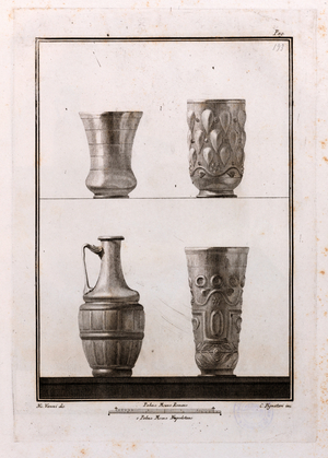 Three glasses and a pitcher in "Antichita di Ercolano.Rami inediti" II - Archaeological National museum - MANN, Naples, Italy