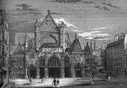 Saint Germain l'Auxerrois church in Paris (15th century, restored in 19th century), engraving
