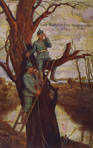 Good News for Headquarters, German soldiers observing the battlefield and reporting to Headquarters via a field telephone, World War I, 1915 (colour litho)