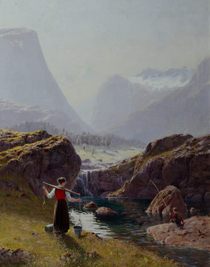 Girl with Buckets of Water and Boy Fishing (oil on canvas)