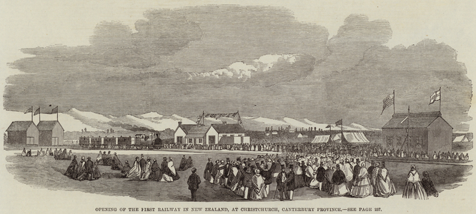 Opening of the First Railway in New Zealand, at Christchurch, Canterbury Province (engraving)
