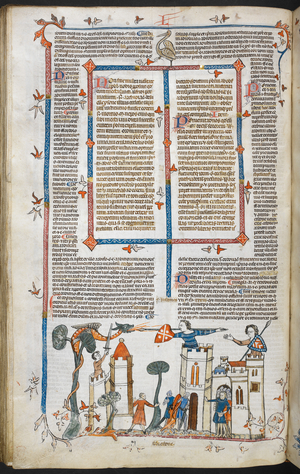 Royal MS 10 E IV f.88v, a bas-de-page scene of a dragon attacking a castle, c.1300-40 (pen & ink and tempera on parchment)
