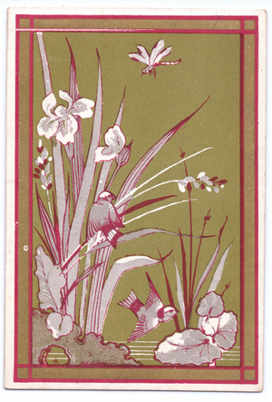 A front cover Victorian greeting card of  kingfishers, dragonfly and irises, c.1880 (colour litho)