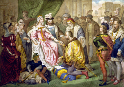 Christopher Columbus meeting King Ferdinand and Queen Isabella 1 of Spain, early 19th century (engraving)