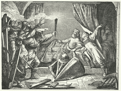 Hartmann of Siebenich disguised as Frederick Barbarossa to enable the Emperor to escape from Susa, Italy, 1168 (engraving)