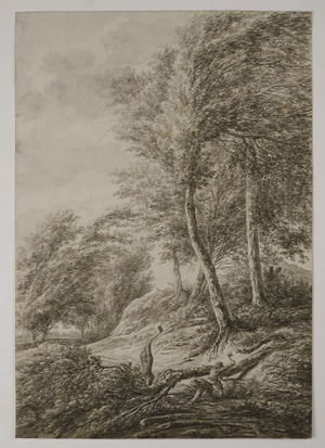 A Wooded Landscape with Woodcutters Chopping a Felled Tree (black chalk with brown ink on paper)