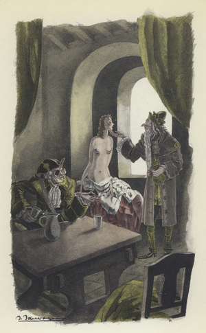 Illustration for Voltaire's Candide (colour litho)
