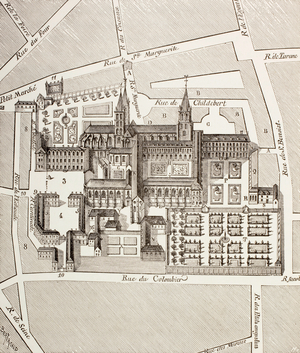 North view of the Benedictine Abbey of St. Germain-des-Pres, Paris, as it existed in the 17th century,  from 'Military and Religious Life in the Middle Ages' by Paul Lacroix, published London c.1880 (litho)