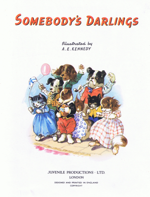 Title page design, from Somebody's Darlings pub.by Juvenile Productions, 1957 (colour litho)