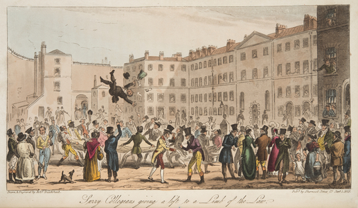 Surrey Collegians giving a lift to a Limb of the Law, from 'The English Spy',  published London, 1824 (colour litho)