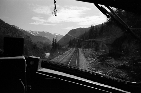 View of tracks from cab of a diesel locomotive, Pacific Northwest, 1959 (photo)